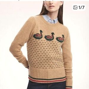 NWT Brooks Brothers Fair Isle Mallard  Duck 100% Wool Crew Neck Tan Sweater L